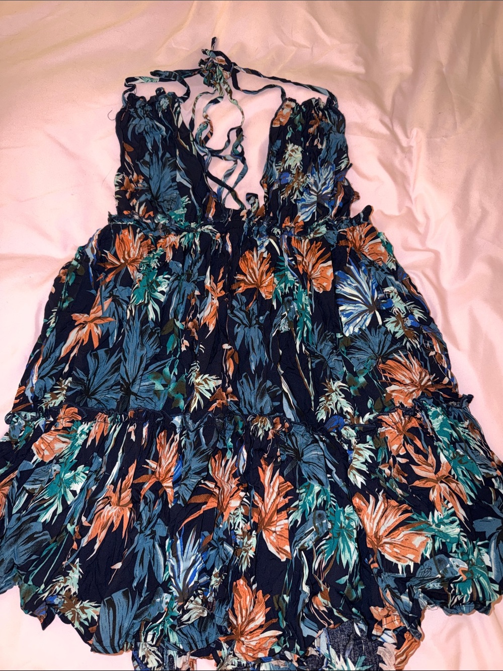 SHEIN Women’s Floral Halter Dress- Navy with Teal & Coral Floral